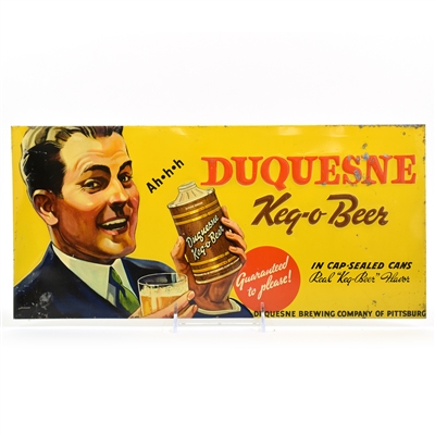 Duquesne Keg-o-Beer 1930s Embossed Tin-Over-Cardboard Sign FBIR CONE TOP