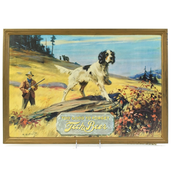 Tech Beer 1940s Self Framed Tin Sign HUNTER DOG QUAIL BEAR