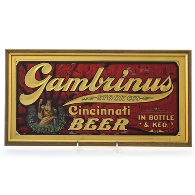 Gambrinus Stock Co Cincinnati Beer Pre-Pro Reverse-Painted Glass Sign RARE CLEAN