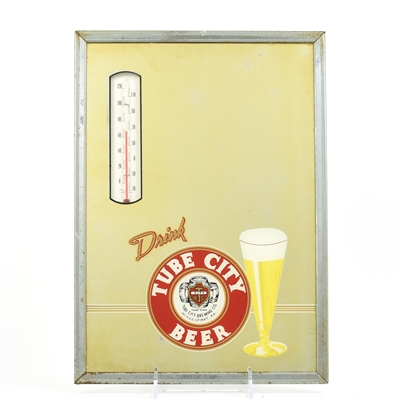 Tube City Beer 1930s Reverse-Painted Thermometer Mirror Sign