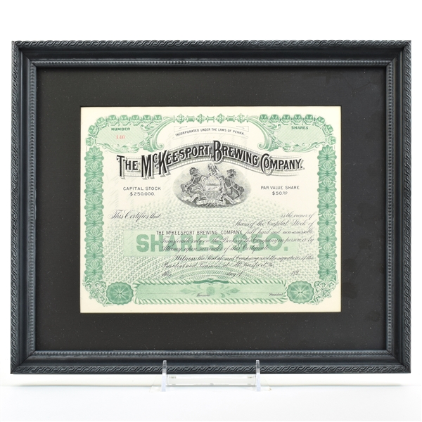 McKeesport Brewing Co Pre-Prohibition Stock Certificate