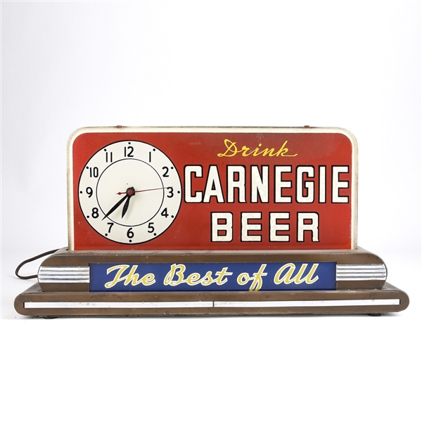 Carnegie Beer 1930s Reverse-Painted Illuminated Clock Sign