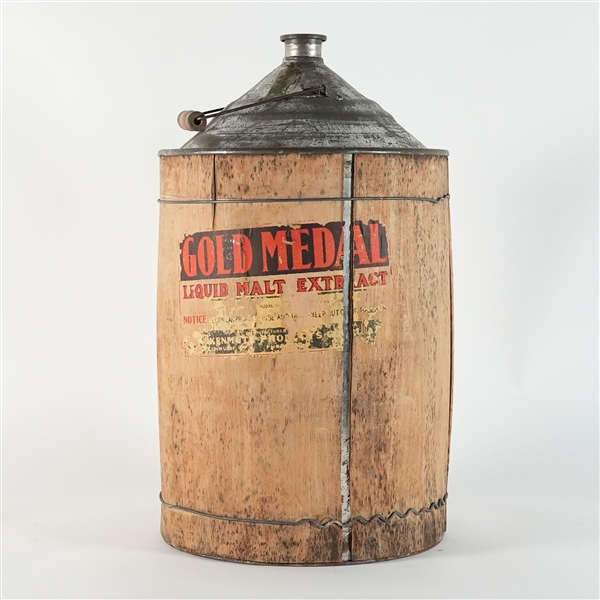 Gold Medal Liquid Malt Extract Wood Wrapped Metal Jug Can