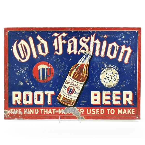 Old Fashion Root Beer 1940s Embossed Tin Soda Sign