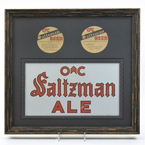 Saltzman Ale 1930s Reverse Painted Glass Sign and Coasters OIL CITY RARE