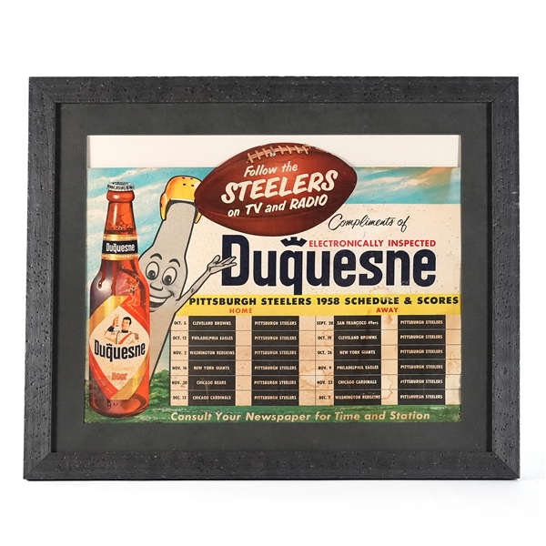 Duquesne Beer 1958 Pittsburgh Steelers NFL Schedule Cardboard Sign