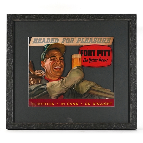 Fort Pitt Beer 1940s Cardboard Die Cut Sign SKIER HEADED FOR PLEASURE