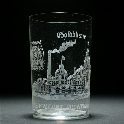 Cooks Goldblume Beer Pre-Prohibition Factory Scene Etched Glass