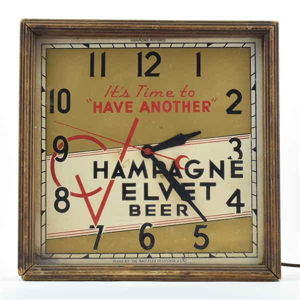 Champagne Velvet Beer 1930s Wood-Glass Clock