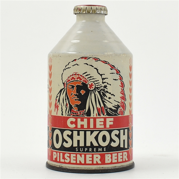 Chief Oshkosh Beer ACTUAL 192-26 -UNIQUE WHITE CROWNTAINER GRAIL-