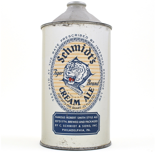 Schmidts Cream Ale Quart Cone Top 4 LINES TEXT 219-1 TIGER CLEAN