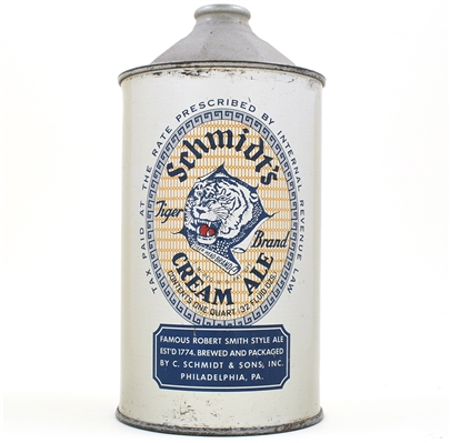 Schmidts Cream Ale Quart Cone Top 4 LINES TEXT 219-1 TIGER CLEAN