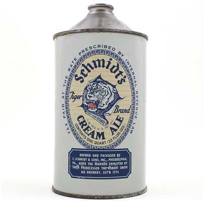 Schmidts Cream Ale Quart Cone Top GRAY 218-17 TIGER SHARP
