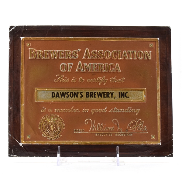 Dawsons Brewery Brewers Assoc 1940s Membership Plaque