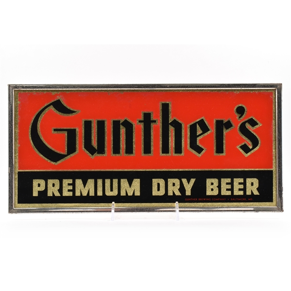 Gunthers Premium Dry Beer 1940s Reverse-Painted Glass Sign