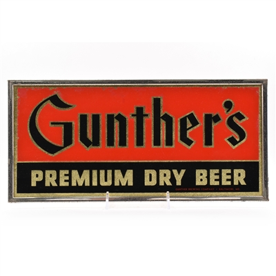Gunthers Premium Dry Beer 1940s Reverse-Painted Glass Sign