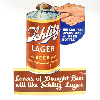 Schlitz Lager Large 1930s Die Cut Cardboard Sign FLAT BOTTOM CONE TOP