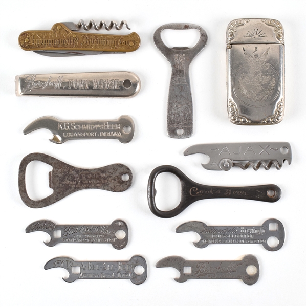 Indianapolis Brewing Pre-Pro Match Safe Pocket Knife and 10 Openers Lot of 12 Items