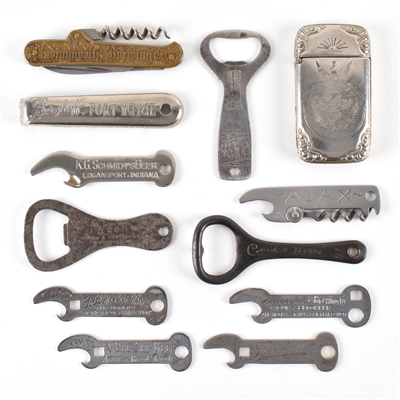 Indianapolis Brewing Pre-Pro Match Safe Pocket Knife and 10 Openers Lot of 12 Items