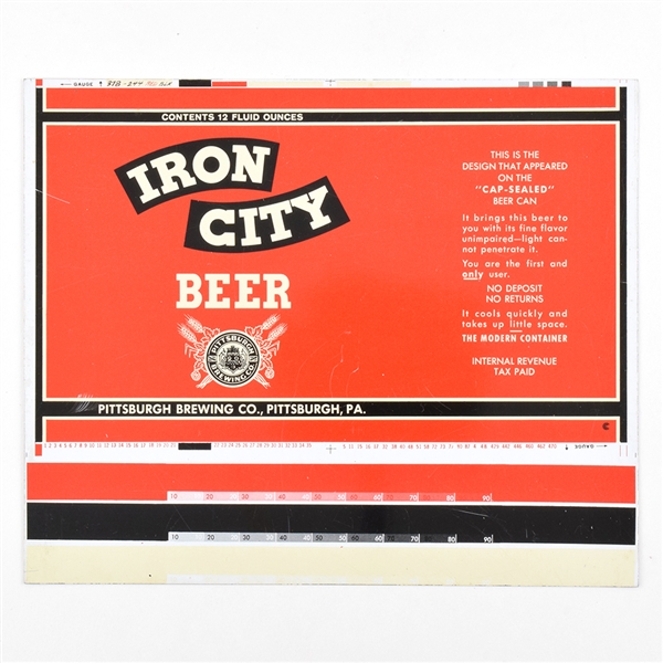 Iron City Beer Throwback Unrolled Test Spec Pull Tab Sheet UNLISTED