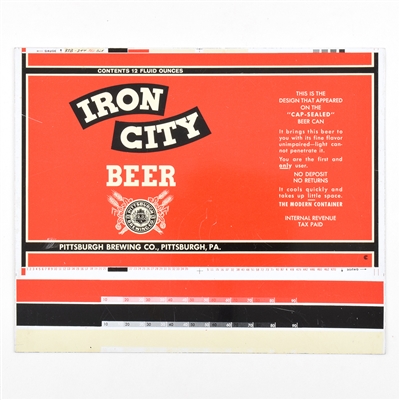 Iron City Beer Throwback Unrolled Test Spec Pull Tab Sheet UNLISTED