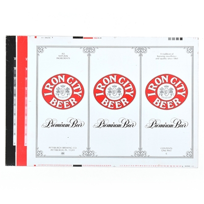 Iron City Beer Unrolled 16 Ounce Pull Tab Sheet 153-27