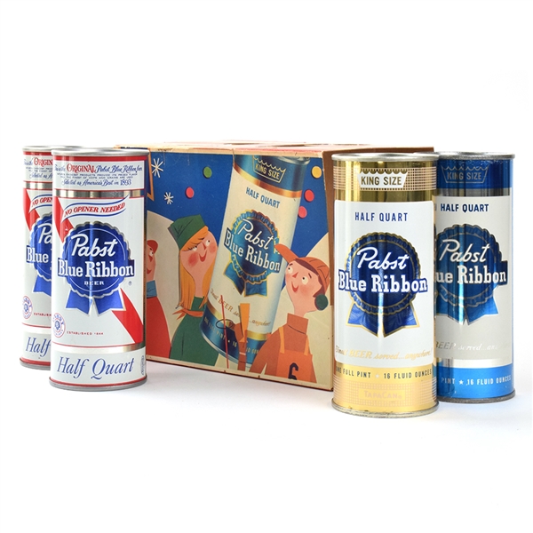 Pabst Blue Ribbon 1950s Cardboard 6-Pack Holder and 4 Assorted Pint Cans