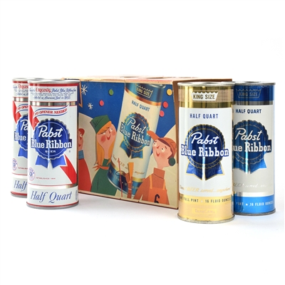 Pabst Blue Ribbon 1950s Cardboard 6-Pack Holder and 4 Assorted Pint Cans