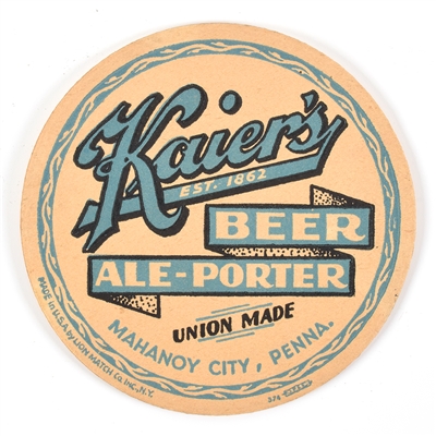 Kaiers Beer-Ale-Porter 1930s Coaster RARE BLUE