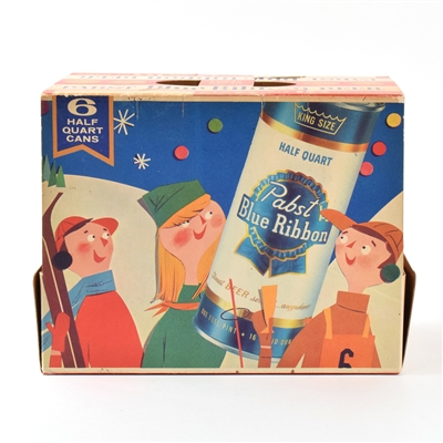 Pabst Blue Ribbon 1950s Cardboard 6-Pack Holder and 4 Assorted Pint Cans