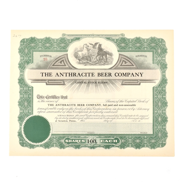 Anthracite Beer Company Capital Stock Certificate 100 SHARES PRE-PRO UNDATED