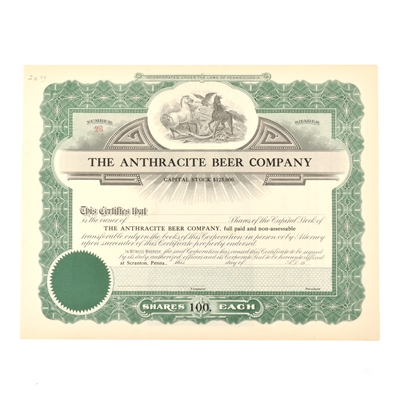 Anthracite Beer Company Capital Stock Certificate 100 SHARES PRE-PRO UNDATED
