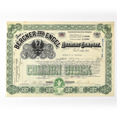 Bergner and Engel Brewing Common Stock Certificate 48 SHARES 1916