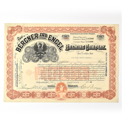 Bergner and Engel Brewing Preferred Stock Certificate 2 SHARES 1921