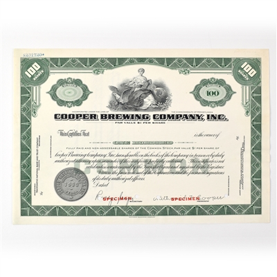 Cooper Brewing Co Common Stock Certificate 100 SHARES SPECIMEN 1933