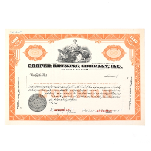 Cooper Brewing Co Common Stock Certificate LESS THAN 100 SHARES SPECIMEN 1933