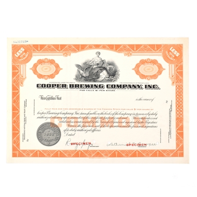 Cooper Brewing Co Common Stock Certificate LESS THAN 100 SHARES SPECIMEN 1933