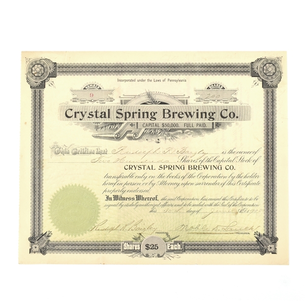 Crystal Spring Brewing Co Capital Stock Certificate 200 SHARES 1900