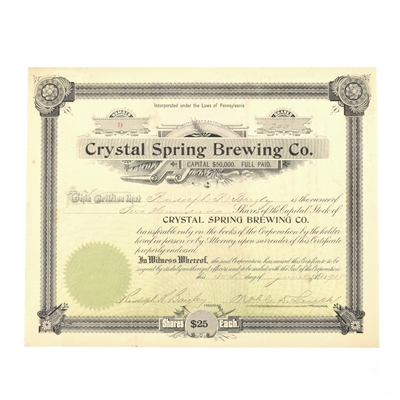 Crystal Spring Brewing Co Capital Stock Certificate 200 SHARES 1900