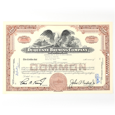 Duquesne Brewing Co Common Stock Certificate 1 SHARE 1968