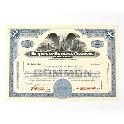 Duquesne Brewing Co Common Stock Certificate 100 SHARES BLUE SPECIMEN
