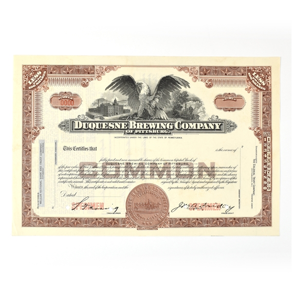 Duquesne Brewing Co Common Stock Certificate LESS THAN 100 SHARES MAROON SPECIMEN