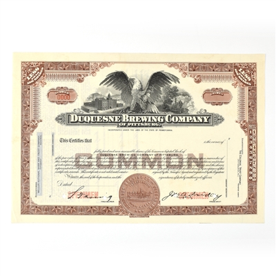 Duquesne Brewing Co Common Stock Certificate LESS THAN 100 SHARES MAROON SPECIMEN