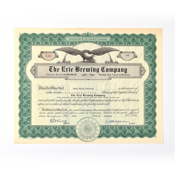 Erie Brewing Co Capital Stock Certificate 1950s 300 SHARES ISSUED