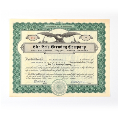 Erie Brewing Co Capital Stock Certificate 1950s 300 SHARES ISSUED
