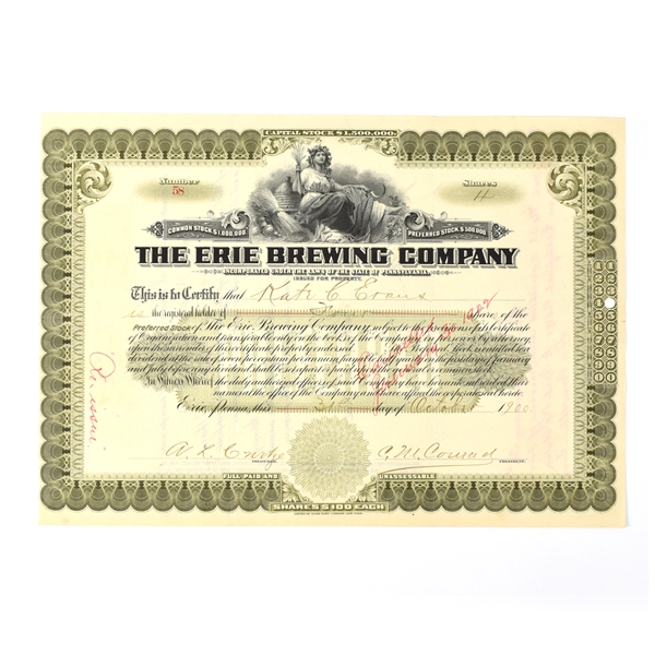 Erie Brewing Co Preferred Stock Certificate 1900 4 SHARES ISSUED