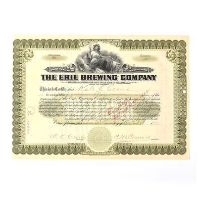Erie Brewing Co Preferred Stock Certificate 1900 4 SHARES ISSUED