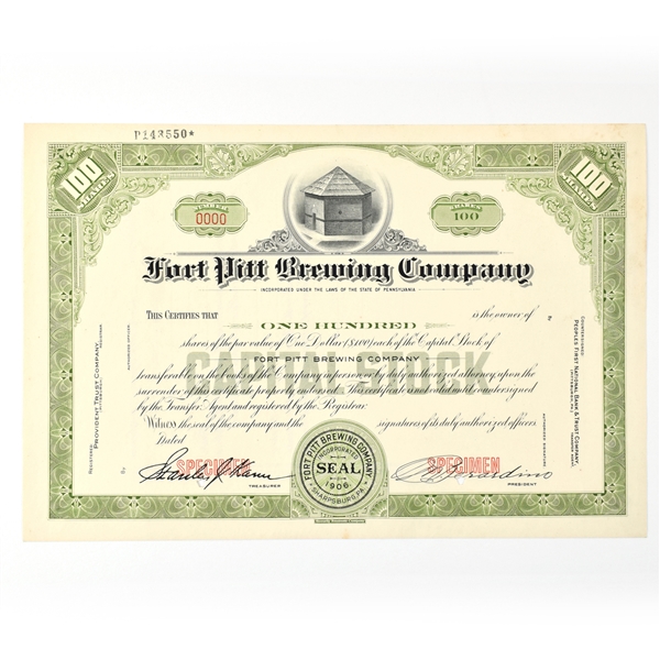 Fort Pitt Brewing Co Capital Stock Certificate 100 SHARES SPECIMEN