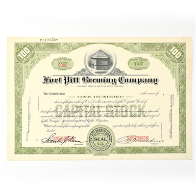 Fort Pitt Brewing Co Capital Stock Certificate 100 SHARES SPECIMEN