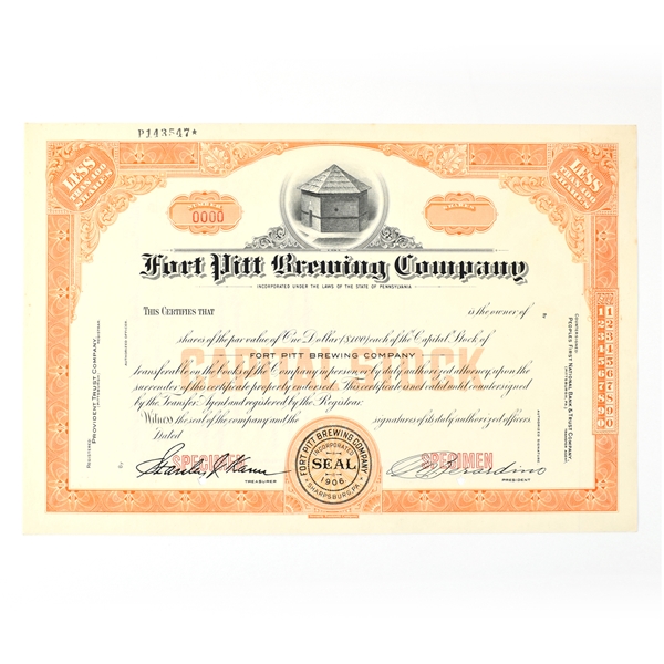 Fort Pitt Brewing Co Capital Stock Certificate LESS THAN 100 SHARES SPECIMEN